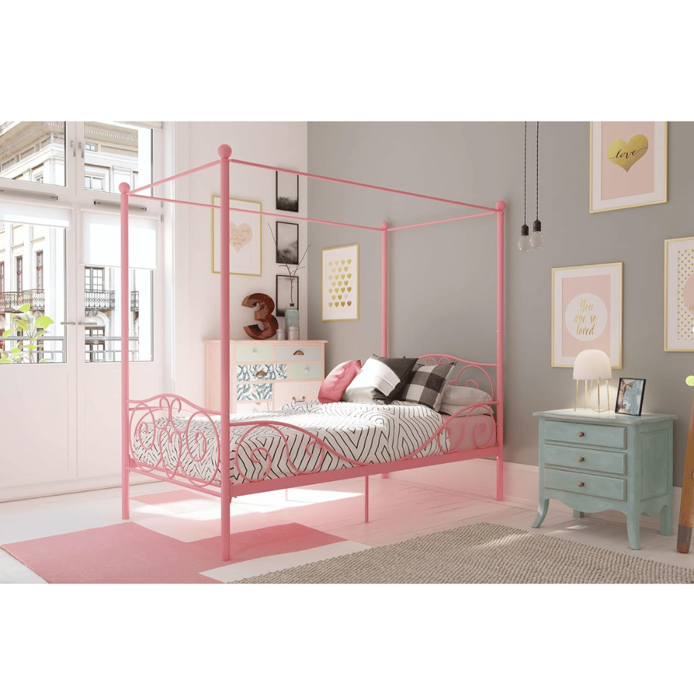 Pink metal canopy bed kids frame