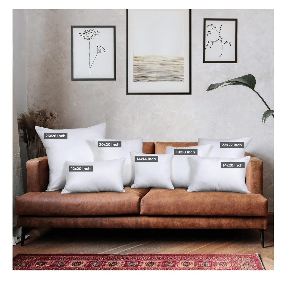 utopia bedding throw pillow size chart on sofa showing 14x14 20x20 26x26 insert options (C: Utopia Bedding/Amazon)