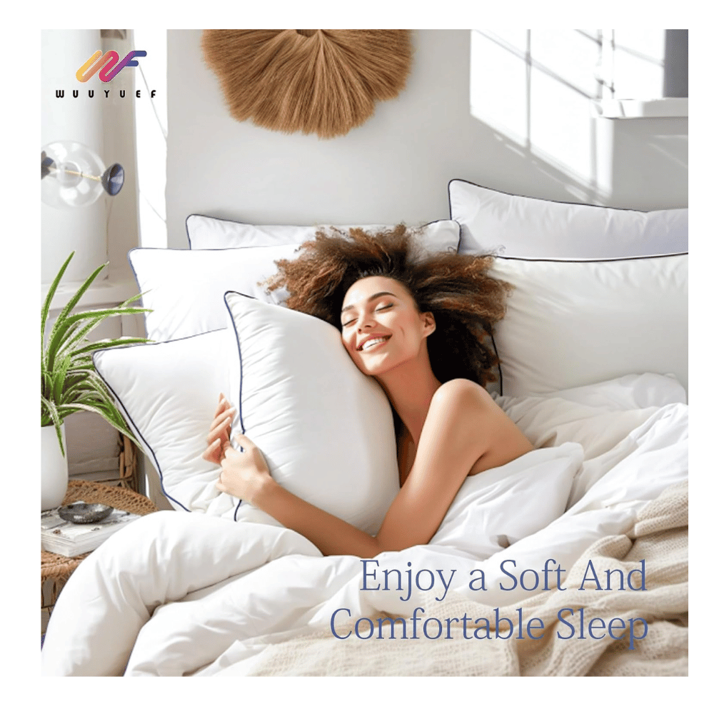 woman smiling while hugging Wuuyuef pillow insert in bright airy bedroom for soft sleep comfort (C: Wuuyuef/Amazon)