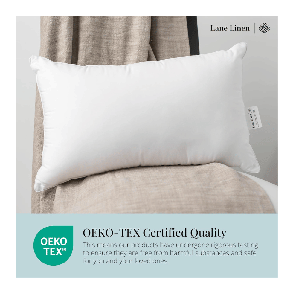 lane linen pillow insert on beige chair with OEKO TEX certified quality badge graphic (C: Lane Linen/Amazon)