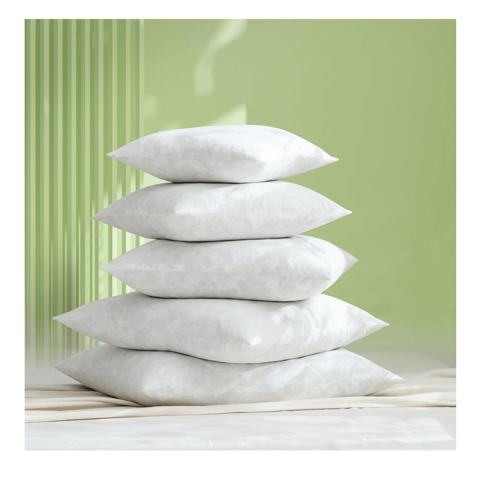 vertical stack of five feather pillow inserts showing loft and firmness levels (C: Dorrin Nessin/Amazon)