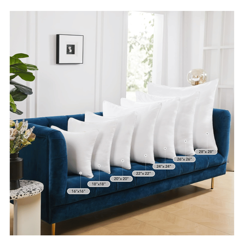 lineup of Deconovo pillow insert sizes from 16x16 to 28x28 displayed on sofa (C: Deconovo/Amazon)