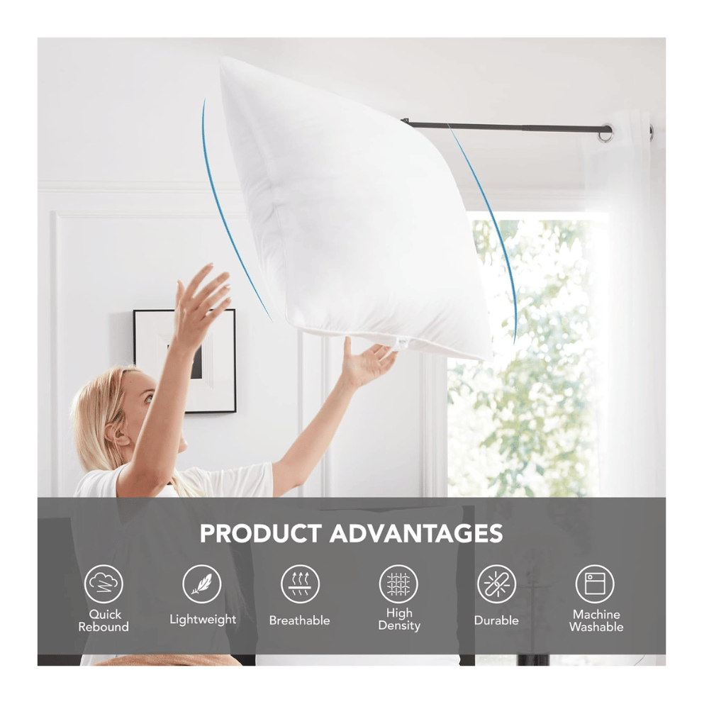 woman tossing Deconovo pillow insert with product advantages icons quick rebound breathable washable (C: Deconovo/Amazon)