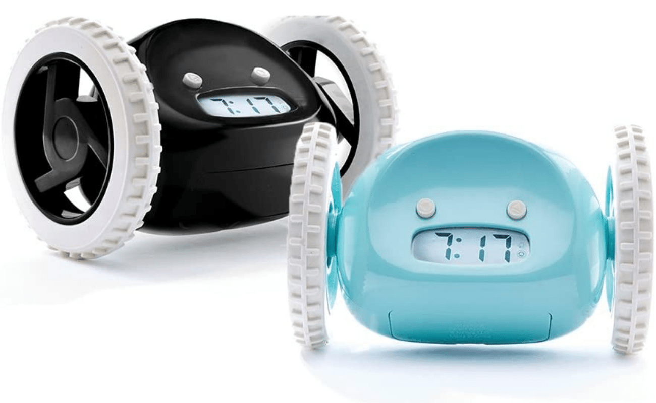 black and blue clocky rolling alarm clocks with white wheels for teens (C: Clocky/Amazon)
