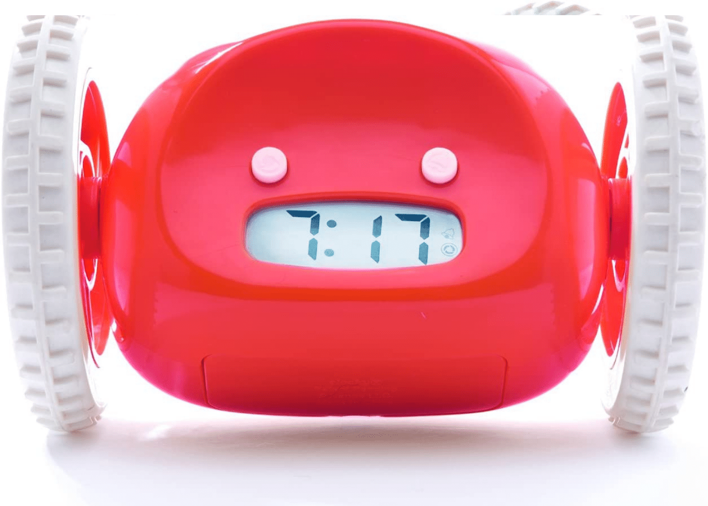 red clocky running alarm clock with wheels and digital display time 7 17 (C: Clocky/Amazon)