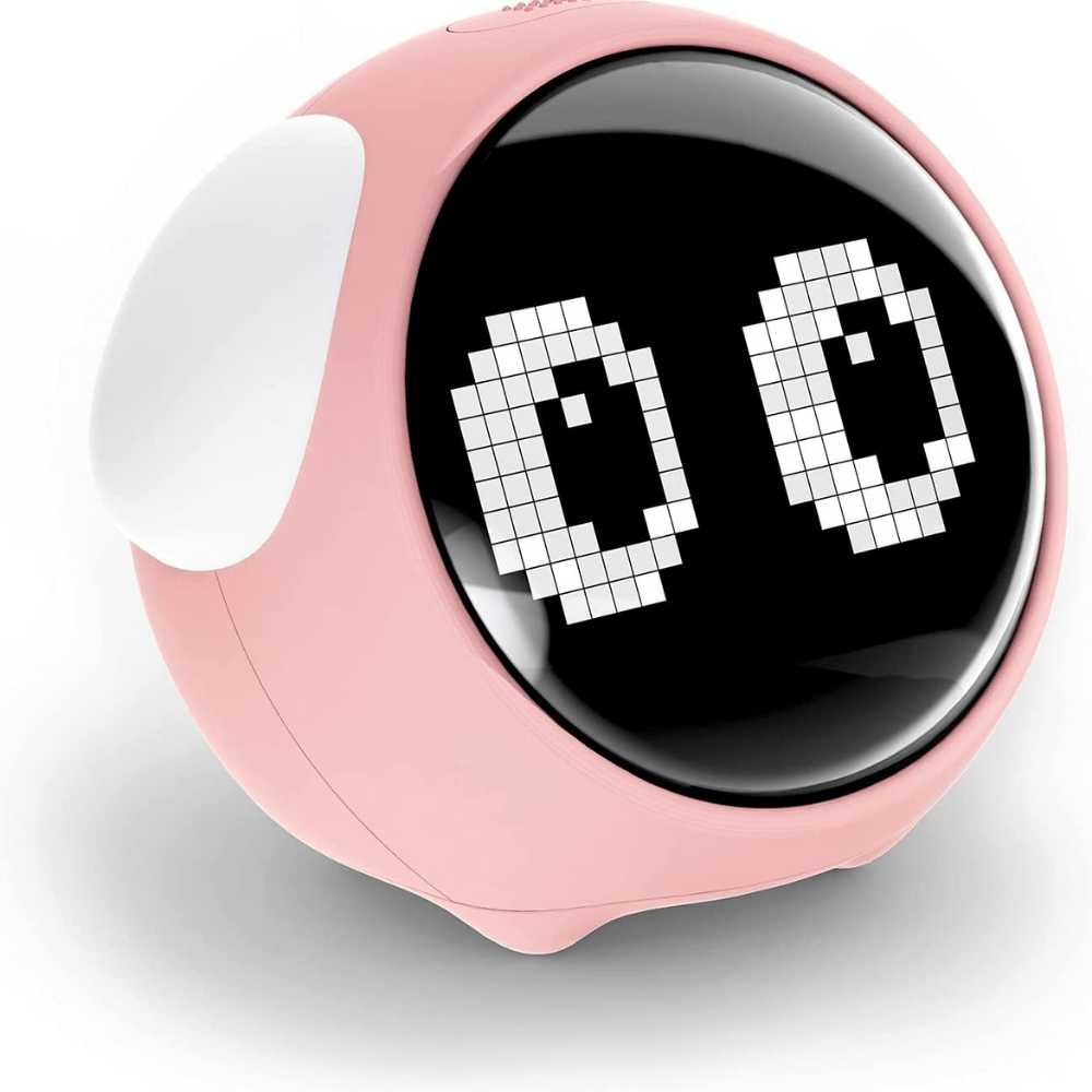 mikoDream kids alarm clock with animated pixel eyes on round pink display (C: MikoDream/Amazon)