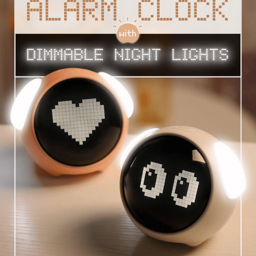 two mikoDream night light alarm clocks showing heart and eyes icons with soft glow lights (C: MikoDream/Amazon)