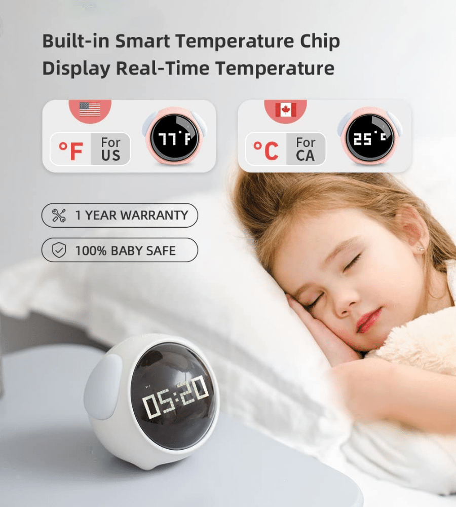 child sleeping beside mikoDream alarm clock with digital time and indoor temperature display (C: MikoDream/Amazon)