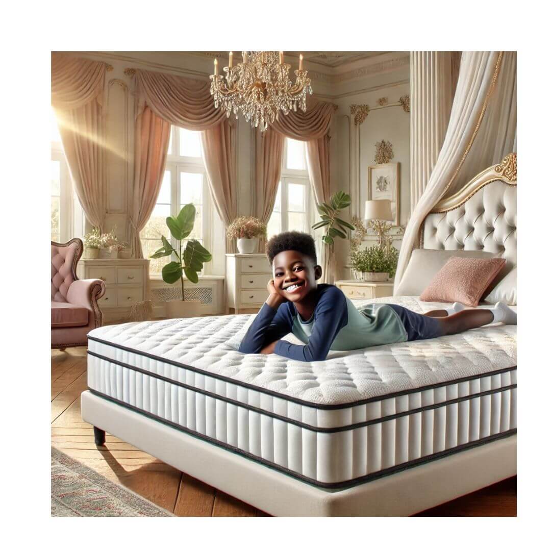 Young boy smiling on mattress