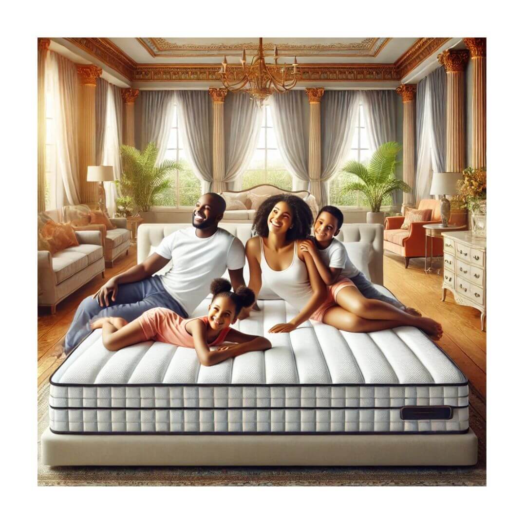 Joyful family enjoying cozy bed 