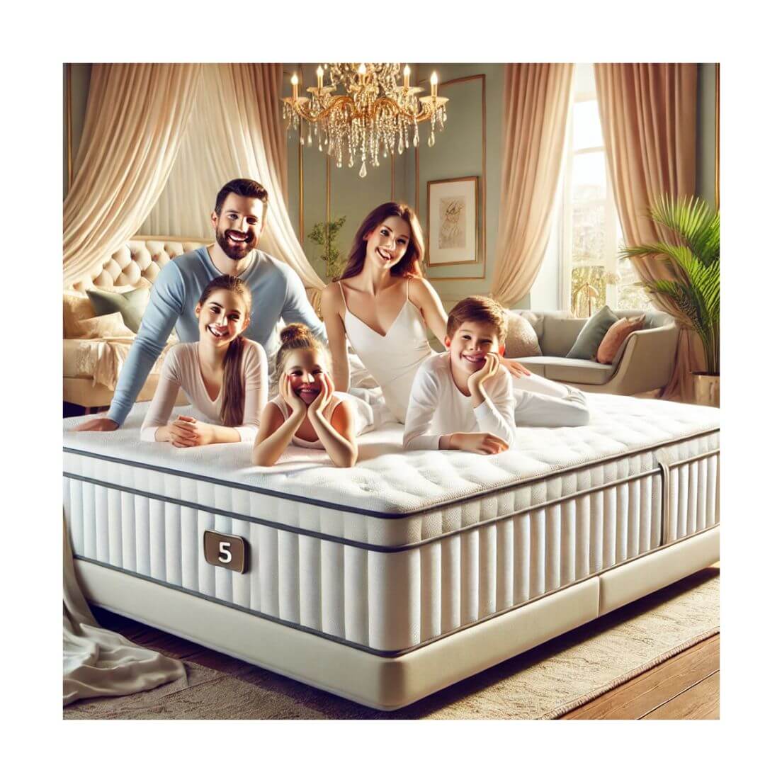 Family smiling on large mattress 