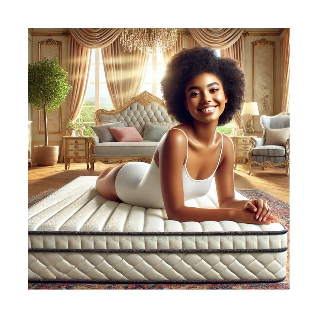 Happy woman relaxing on mattress
