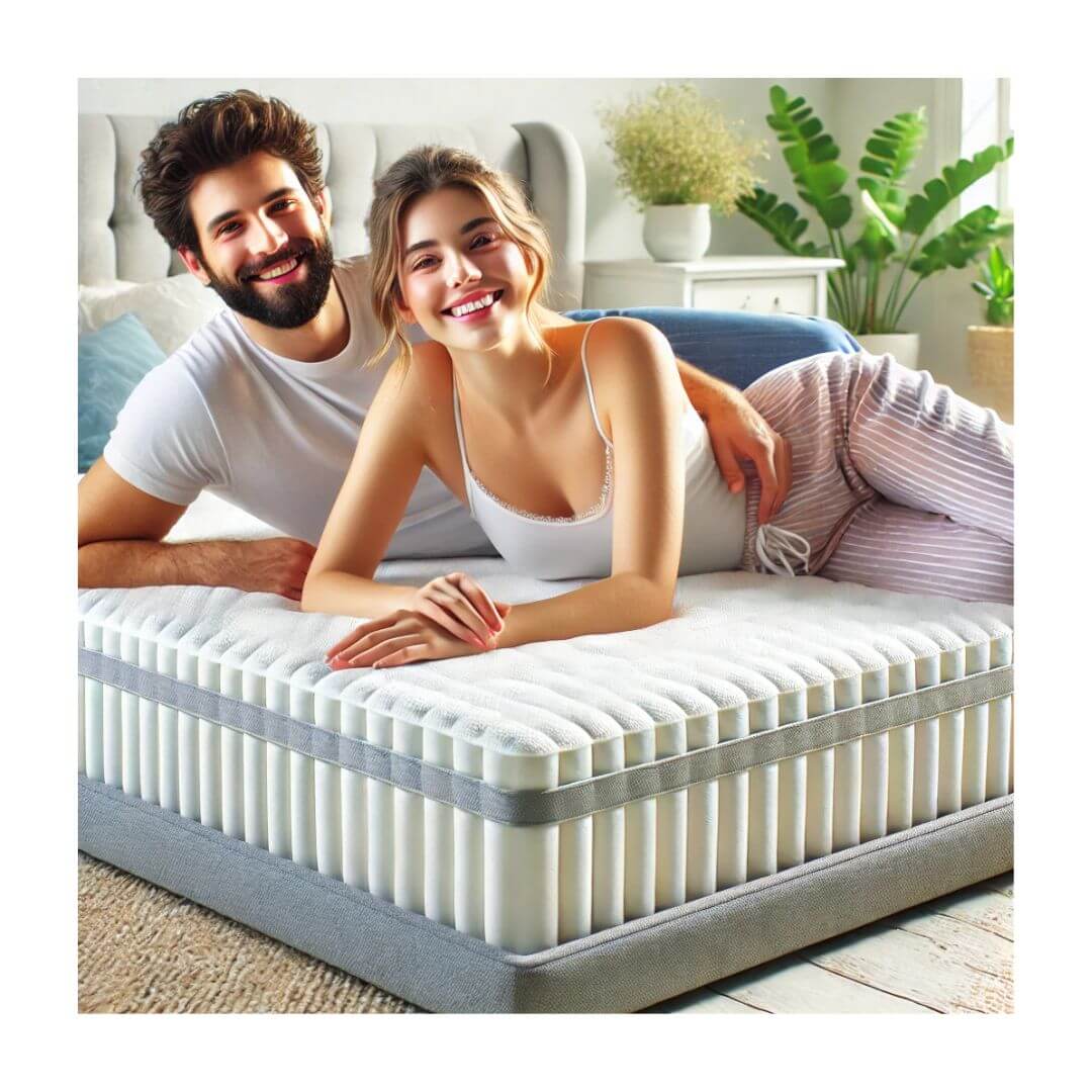 Couple smiling comfortably on mattress