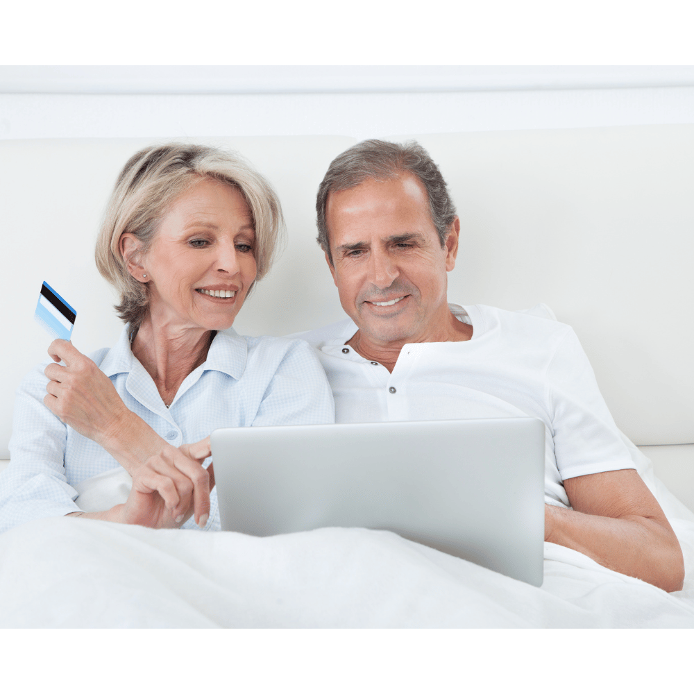 happy couple buying mattress online