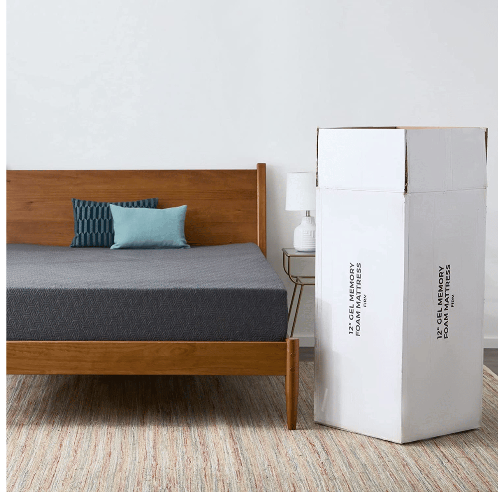 linenspa mattress in a box unboxed beside wooden bed frame