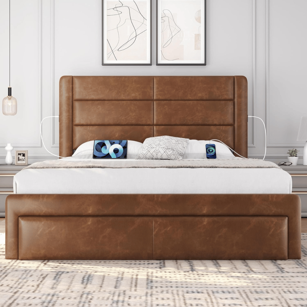 Upholstered platform bed with padded headboard.
