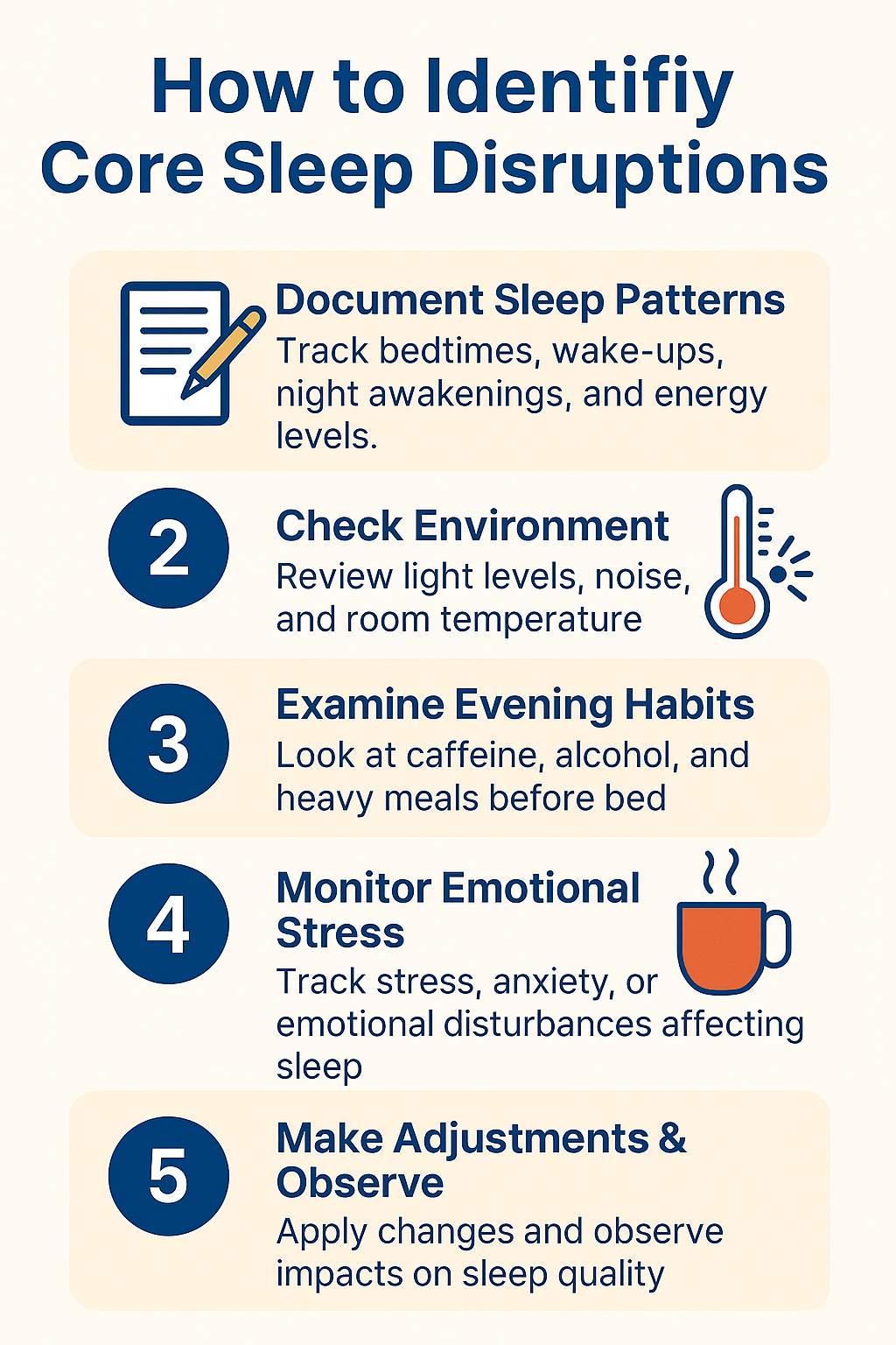 Infographic showing five steps to identify core sleep disruptions with icons and tips.