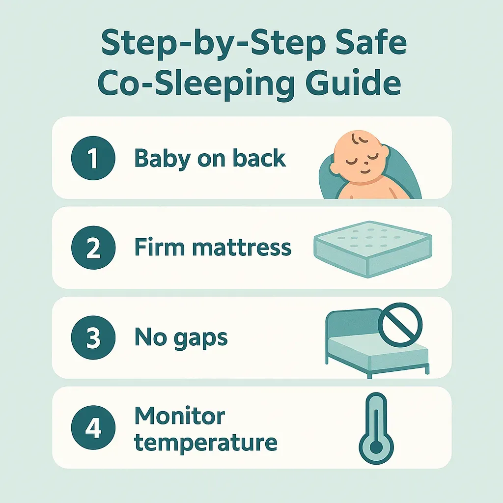 Safe co-sleeping checklist with four illustrated steps"