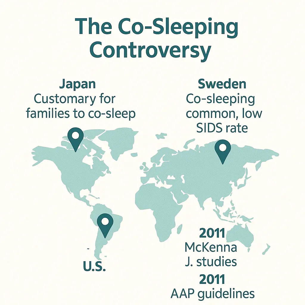 World map showing global co-sleeping trends and historical milestones