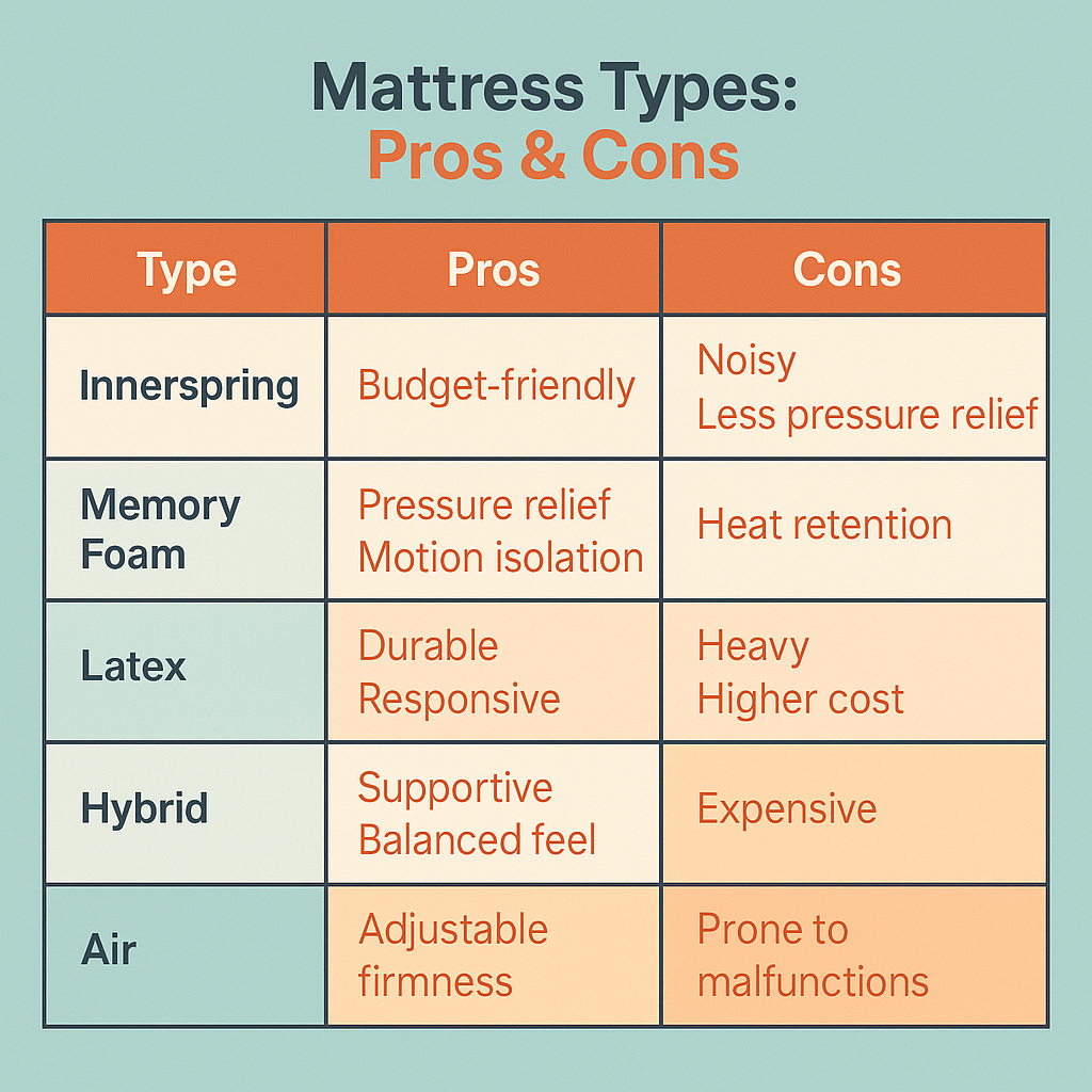 Mattress types with pros and cons.