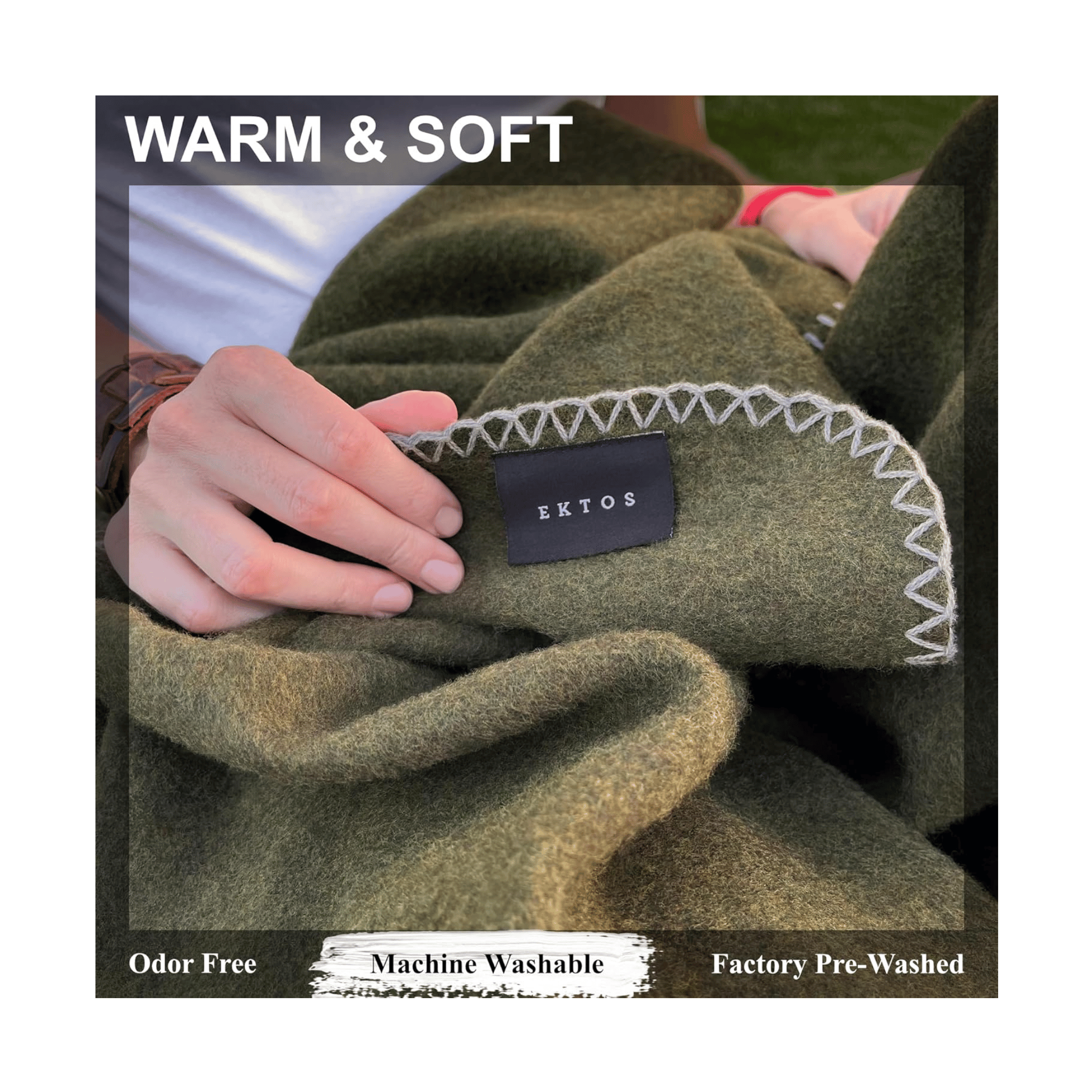 EKTOS wool blanket label close-up