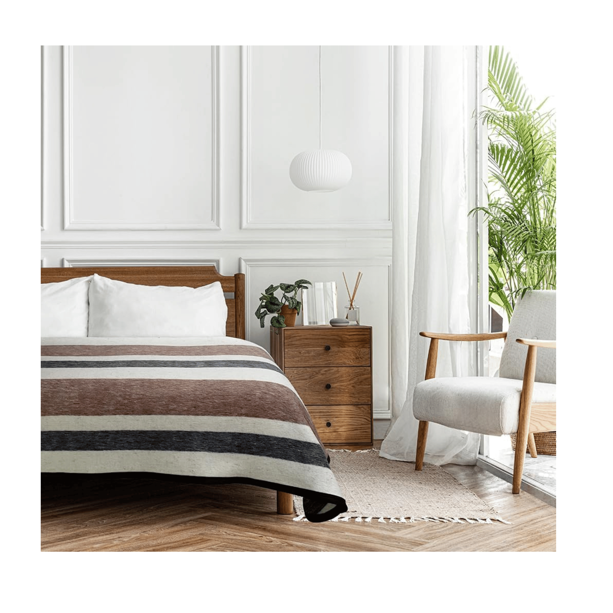 Wool blanket on bed decor.