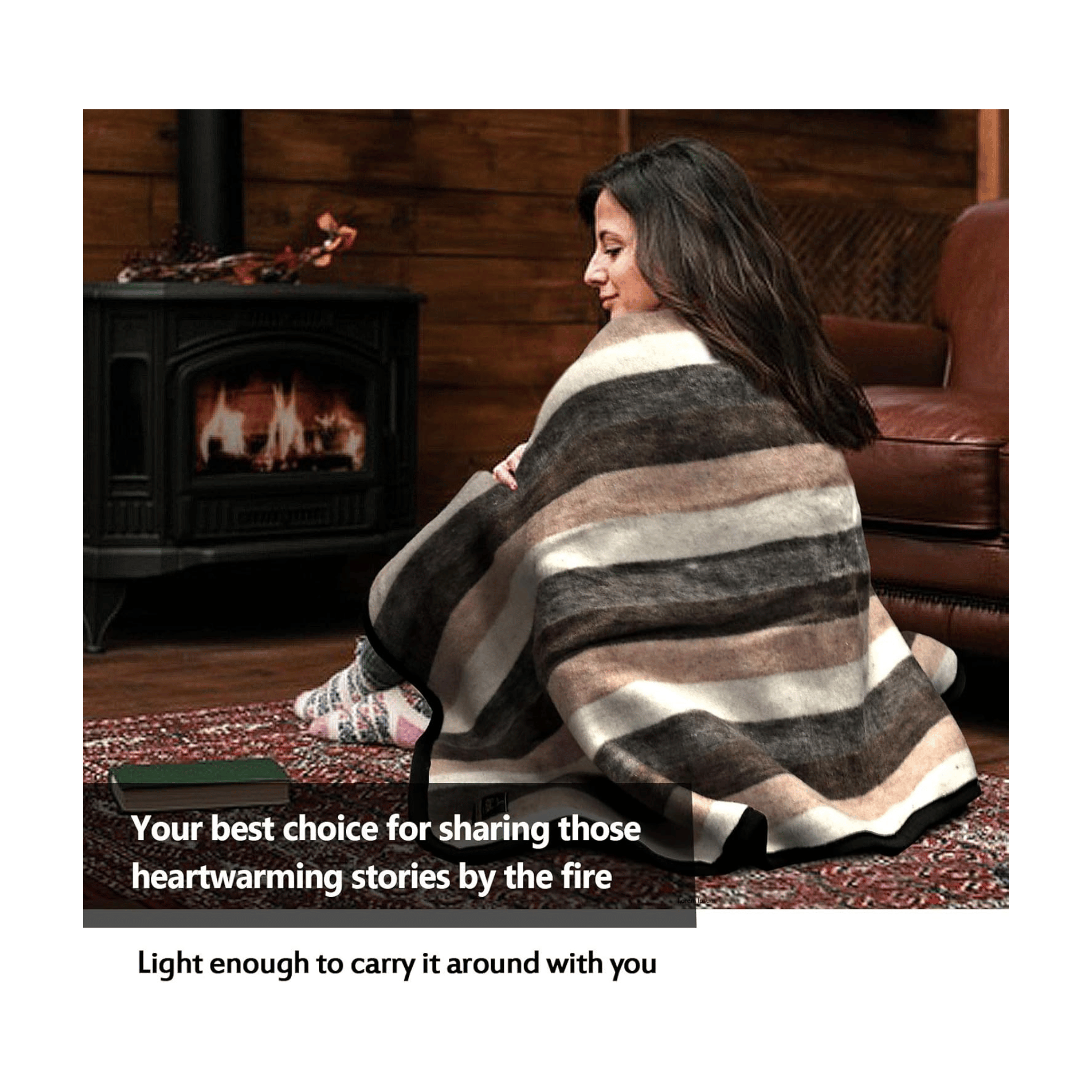 Wool blanket by fireplace scene.