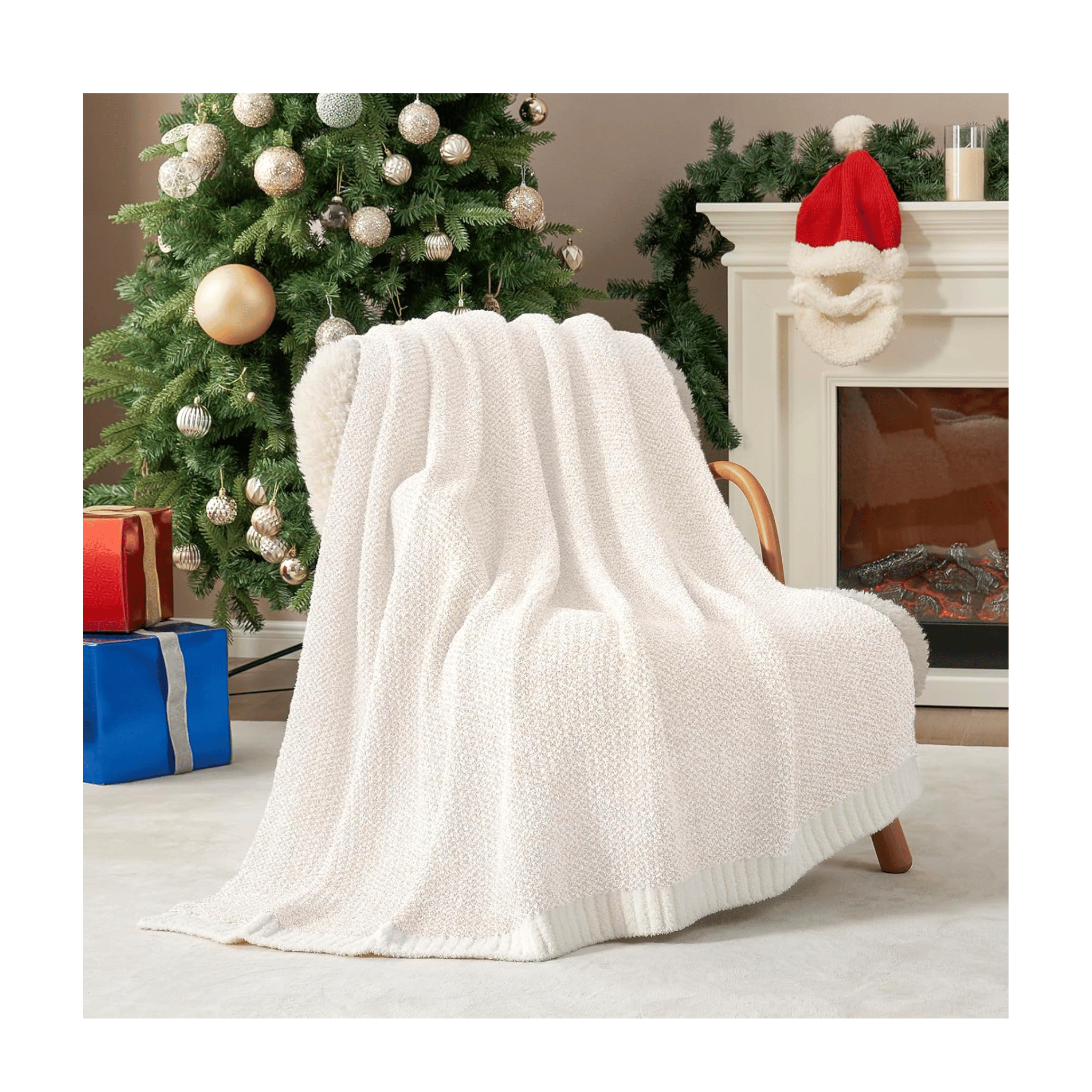 Snuggle Sac ivory throw by fireplace