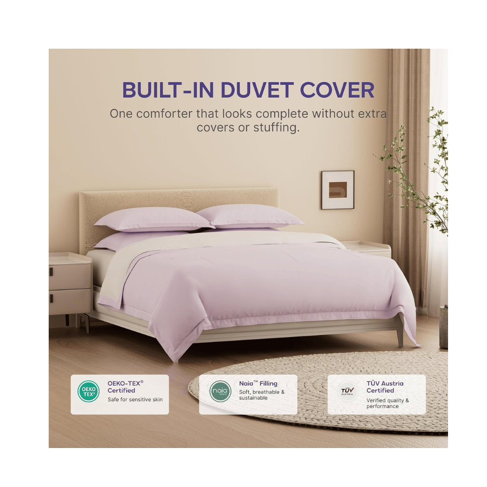 Mellow comforter on bed with built in duvet cover oeko tex certified safe materials
