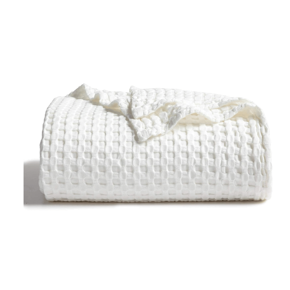 Bedsure cotton waffle blanket folded white breathable lightweight throw