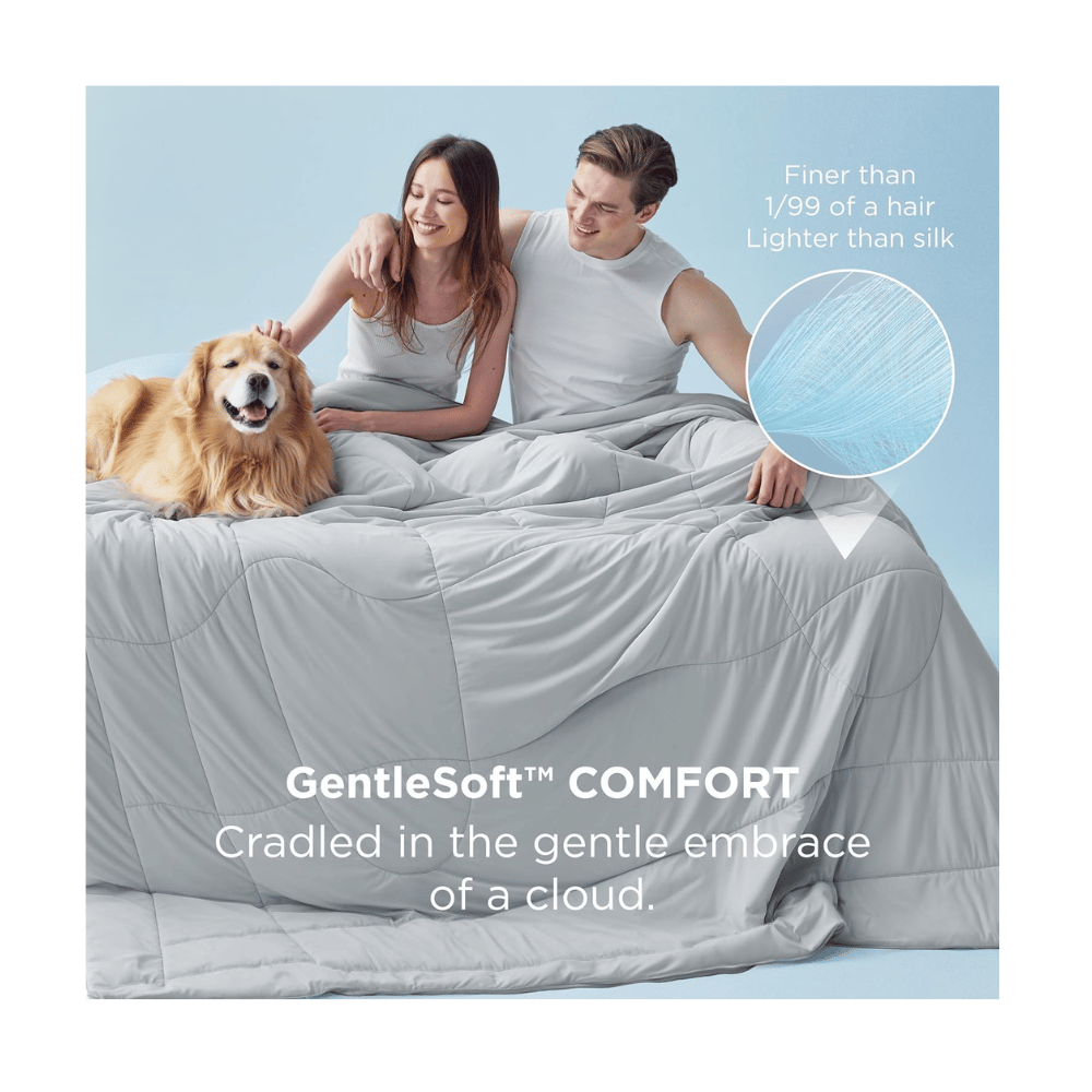 Bedsure gentle soft fibers dog and couple on cooling comforter cloud like feel