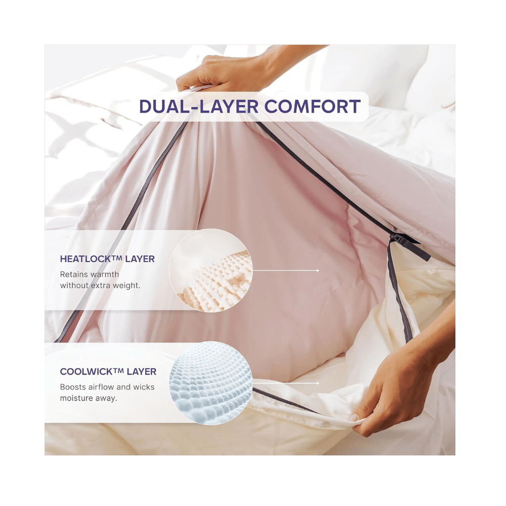Mellow comforter dual layer heatlock coolwick airflow moisture wicking design