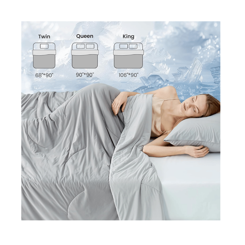 Woman sleeping under Cozy Bliss cooling comforter size chart twin queen king