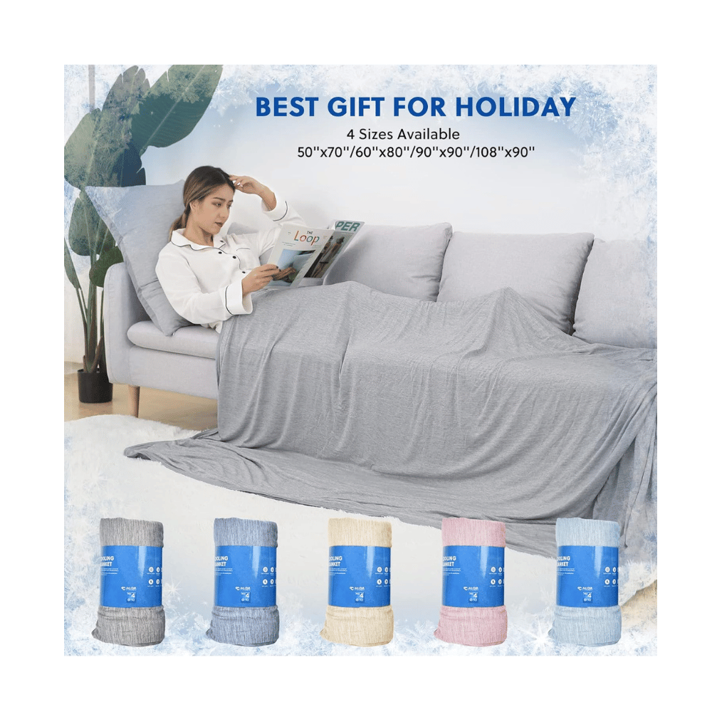 Woman using HOMFINE cooling blanket gift options multiple sizes and colors