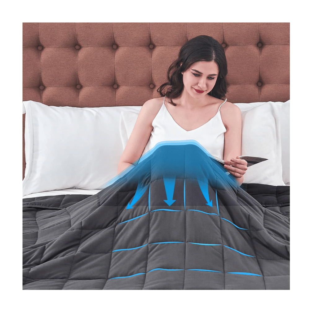 Woman using Yescool weighted blanket cooling airflow illustration dark gray