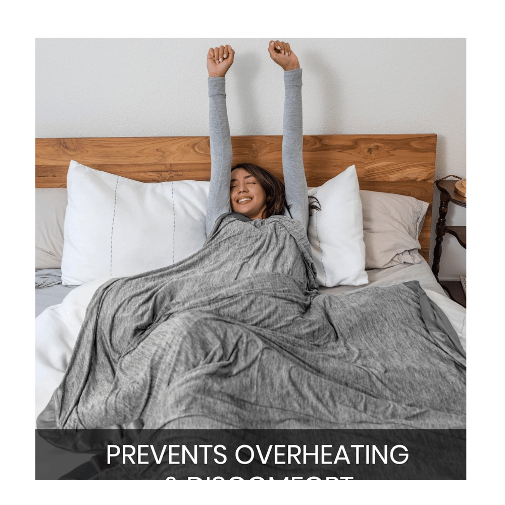 Woman stretching with Everlasting Comfort cooling blanket gray prevents overheating