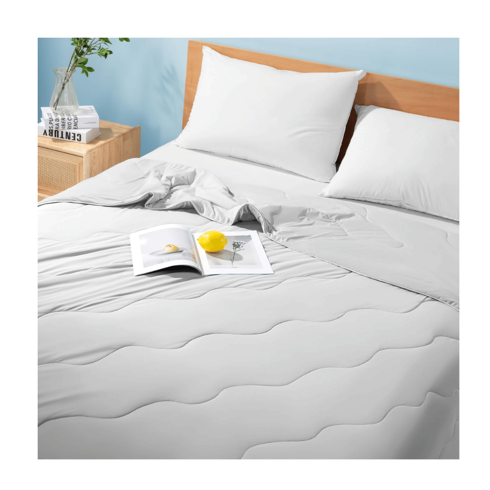 Geht cooling blanket displayed on bed soft breathable gray blanket