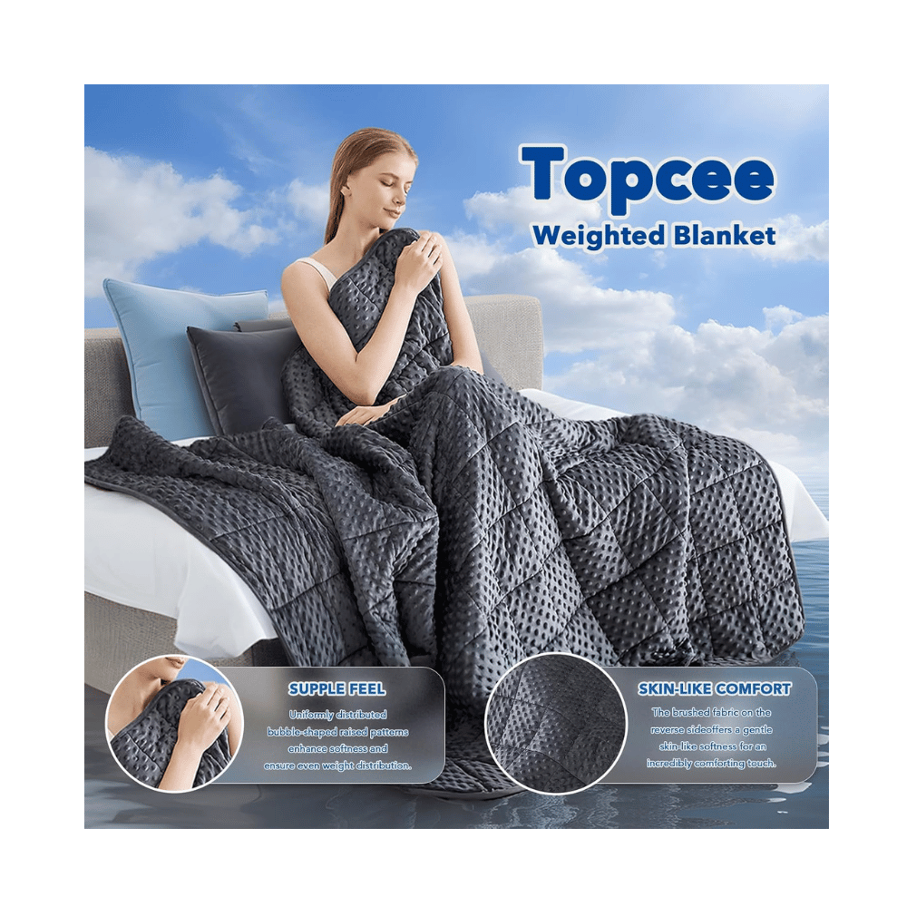 Woman relaxing with Topcee cooling blanket minky gray weighted design