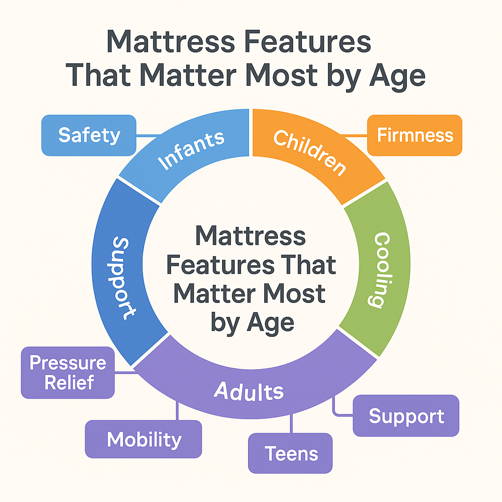 Circular infographic showing mattress features that matter most by age including safety, firmness, cooling, support, mobility, and pressure relief.