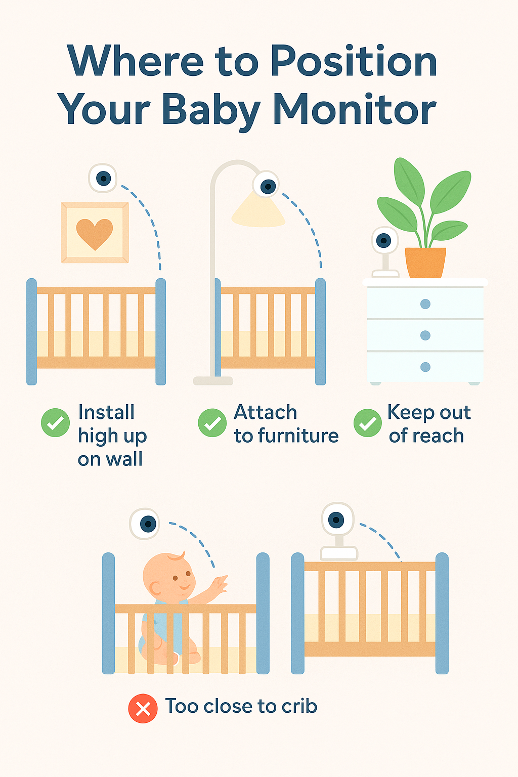 baby monitor placement guide showing safe and unsafe crib positions