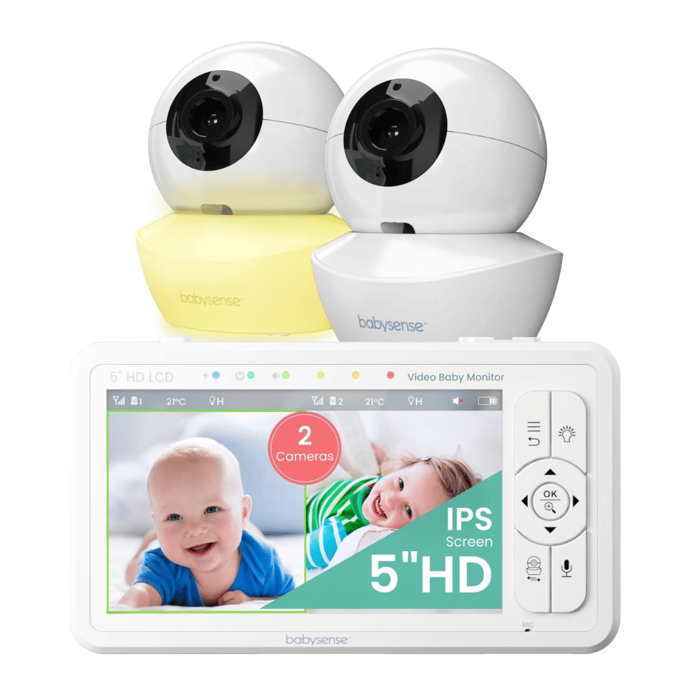 Babysense 5 inch HD dual camera split screen baby monitor showing two babies on display