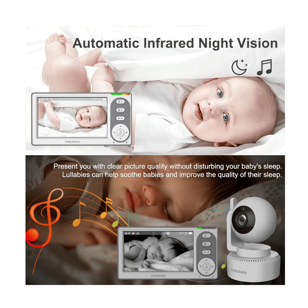 HelloBaby 4.3-inch video baby monitor showing automatic night vision and lullaby feature.