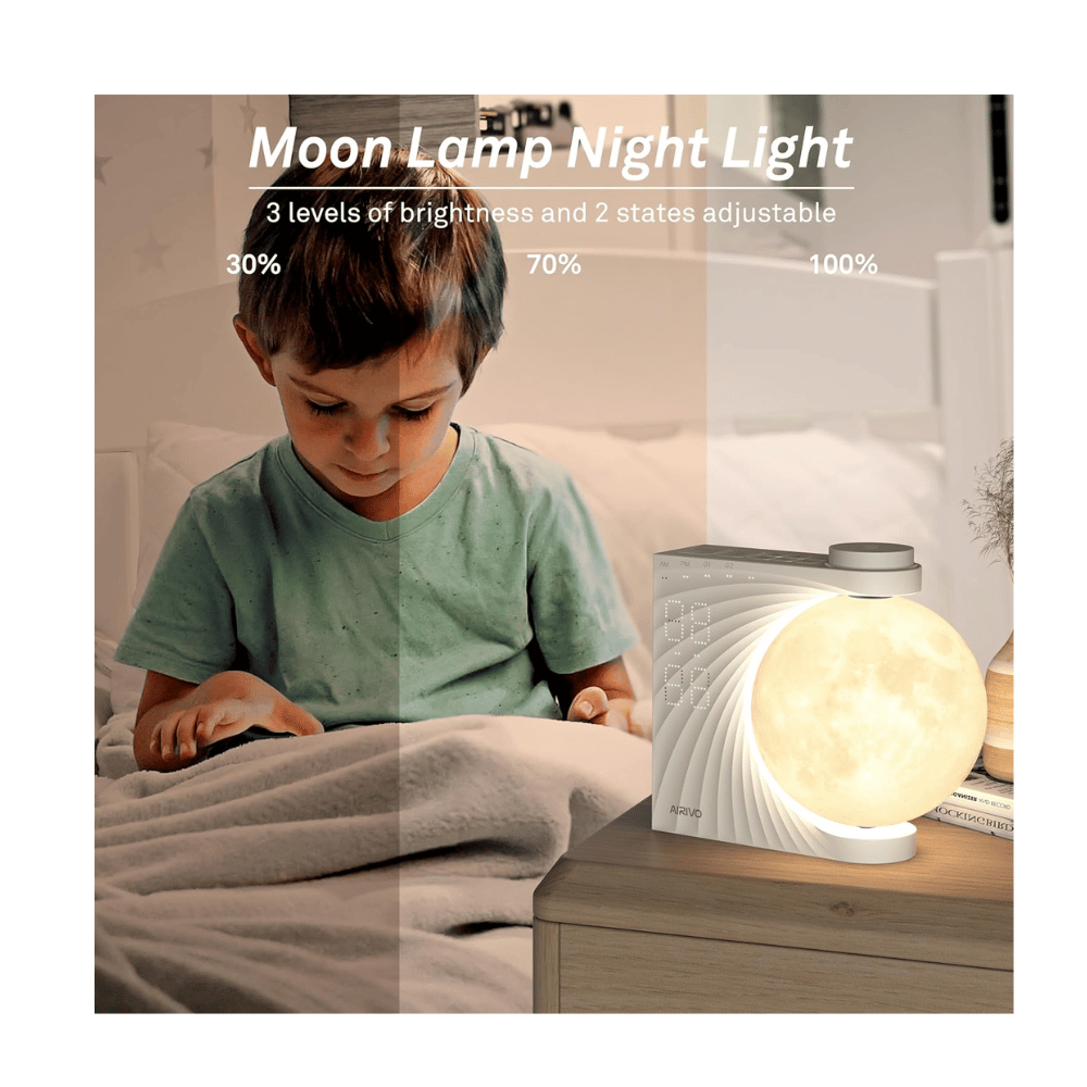 airivo moon lamp alarm clock on nightstand (C: Airivo/Amazon)
