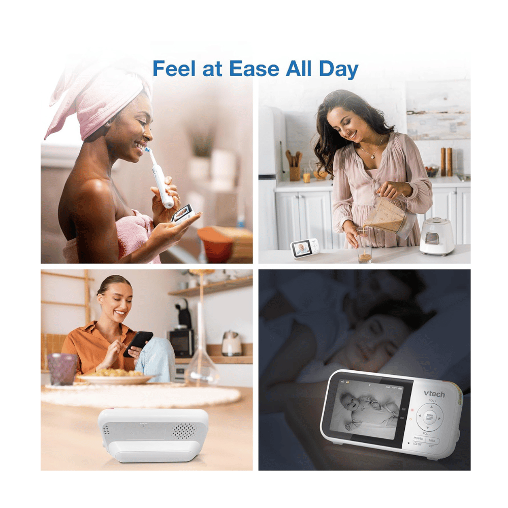 Parent using VTech VM819 baby monitor two-way talk feature to speak to baby