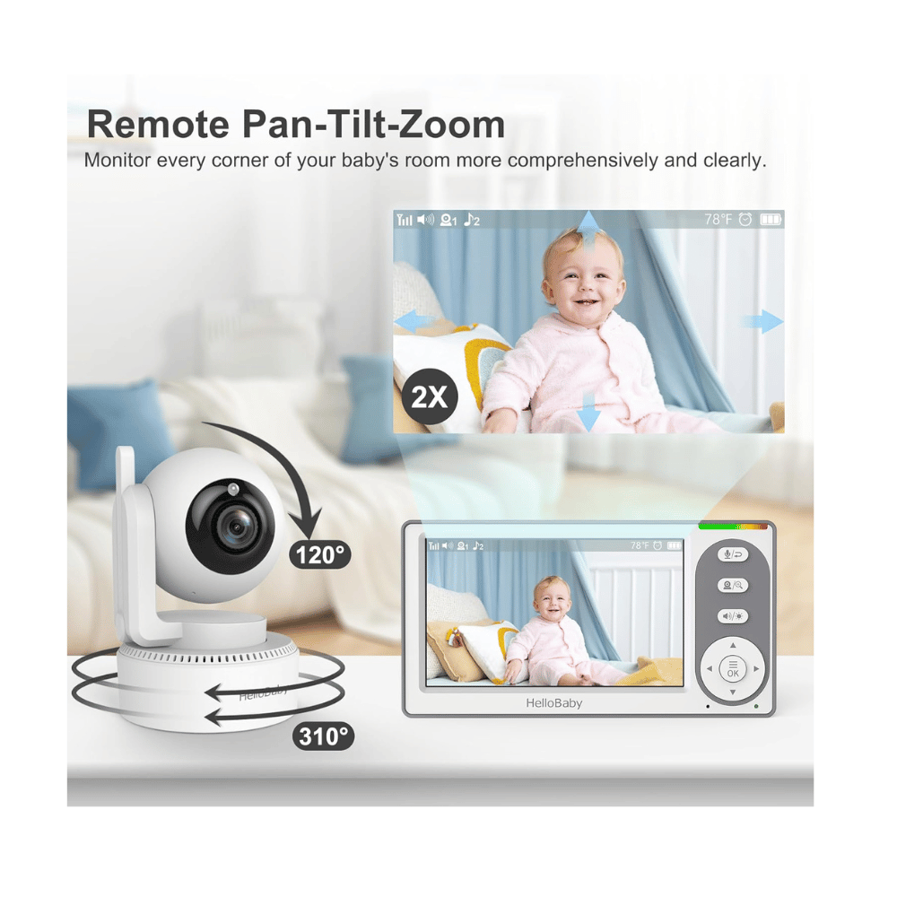 HelloBaby PTZ baby monitor demonstrating 120-degree tilt and 310-degree rotation with zoom.