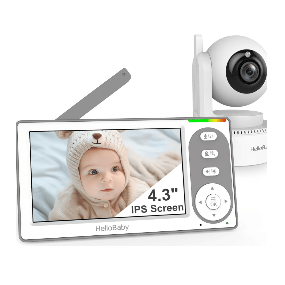 HelloBaby baby monitor with 4.3-inch IPS display showing a baby on screen.