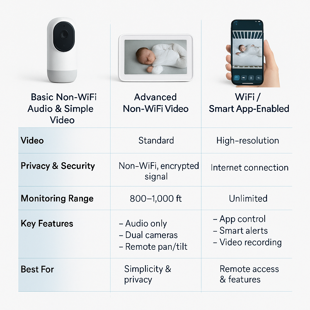 comparison table of basic non WiFi, advanced non WiFi, and WiFi baby monitor types with features and range
