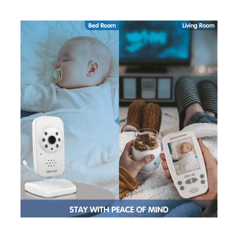 AXVUE baby monitor showing two-room monitoring for bedroom and living room