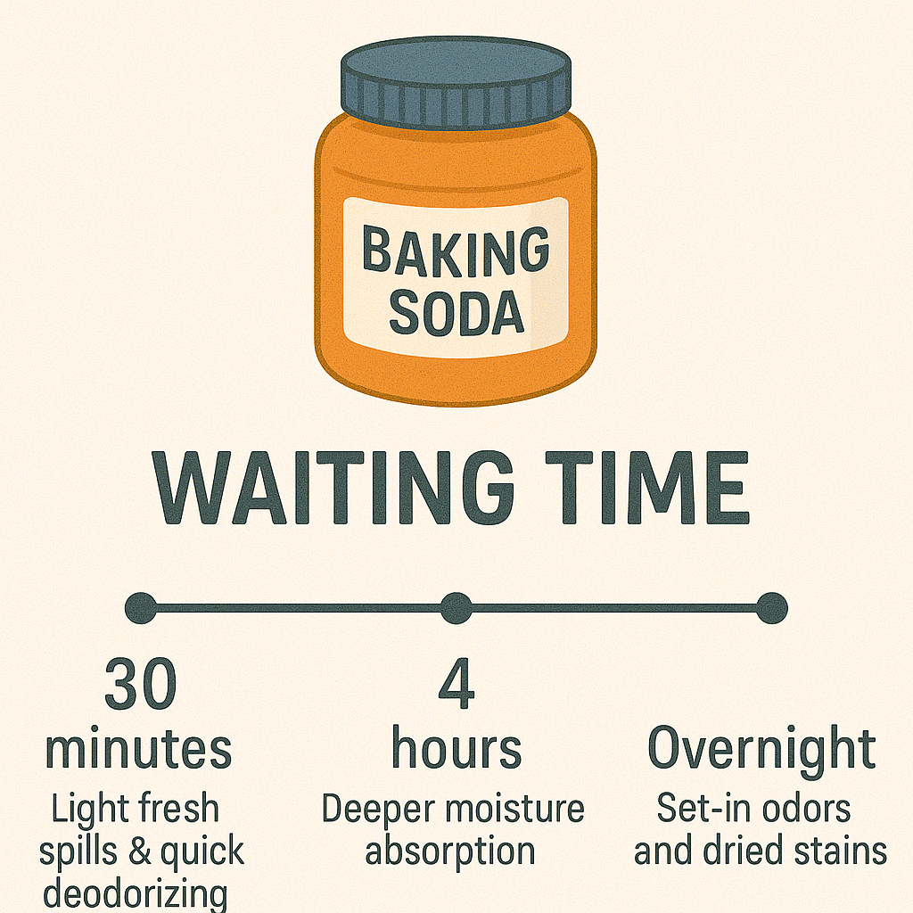 Graphic showing how long to leave baking soda on a mattress—30 minutes, 4 hours, or overnight—to absorb urine and eliminate odor.