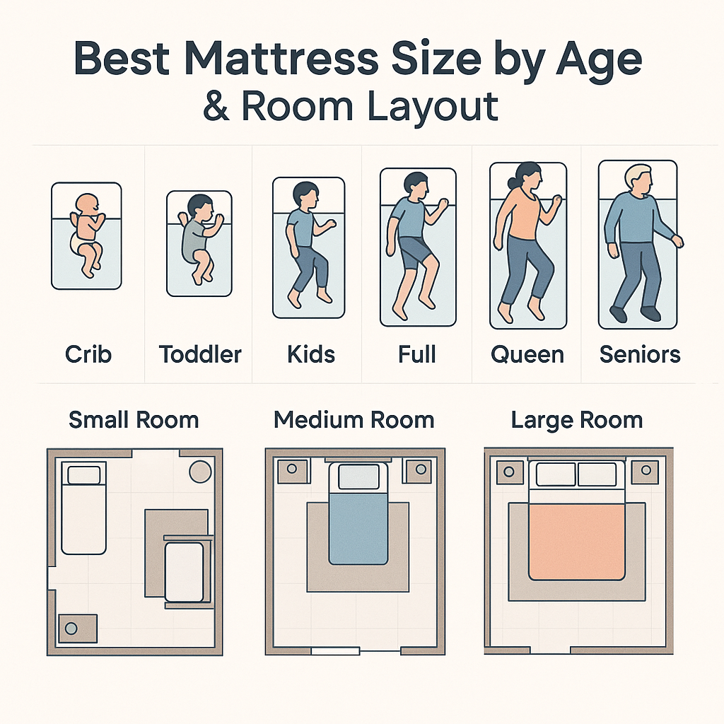Infographic showing best mattress size for infants, toddlers, kids, teens, adults, and seniors with room layout examples for small, medium, and large rooms.